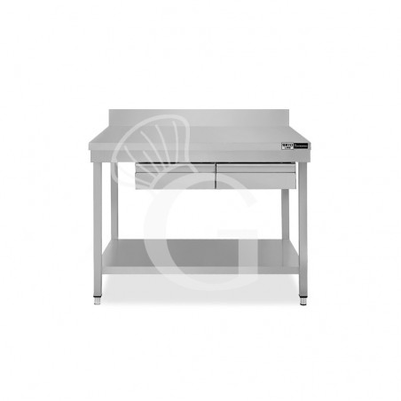 Tavolo inox ripiano alzatina 2 cassetti L 1000 mm x P 600 mm x H 965 mm Tavolo inox ripiano alzatina 2 cassetti L 1000 mm x P 600 mm x H 965 mm