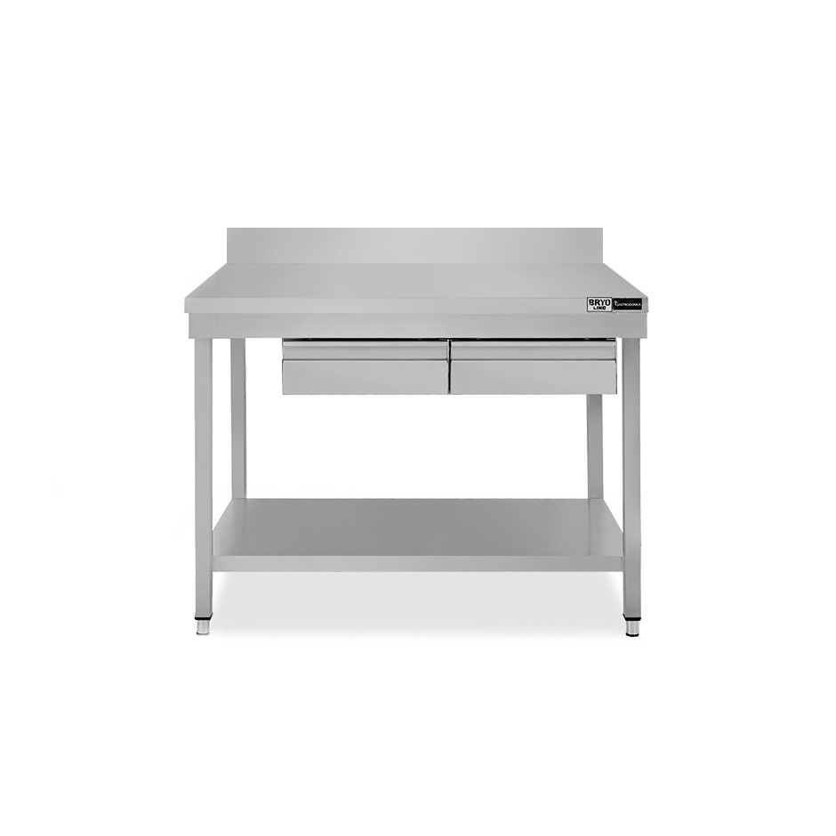 Tavolo inox ripiano alzatina 2 cassetti L 1000 mm x P 800 mm x H 965 mm