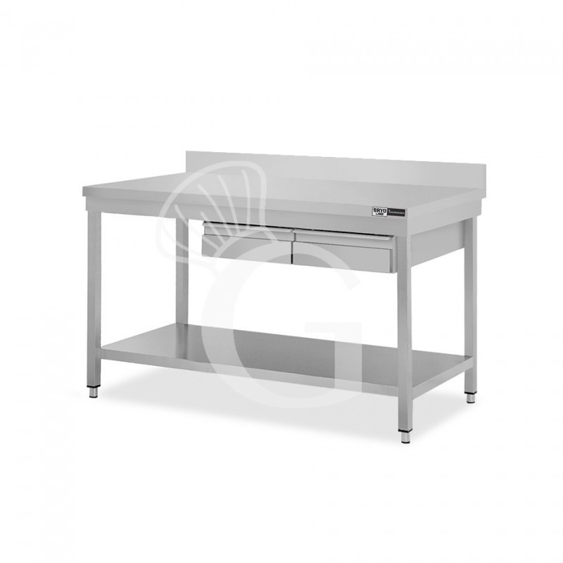 Tavolo inox ripiano alzatina 2 cassetti L 1200 mm x P 800 mm x H 965 mm