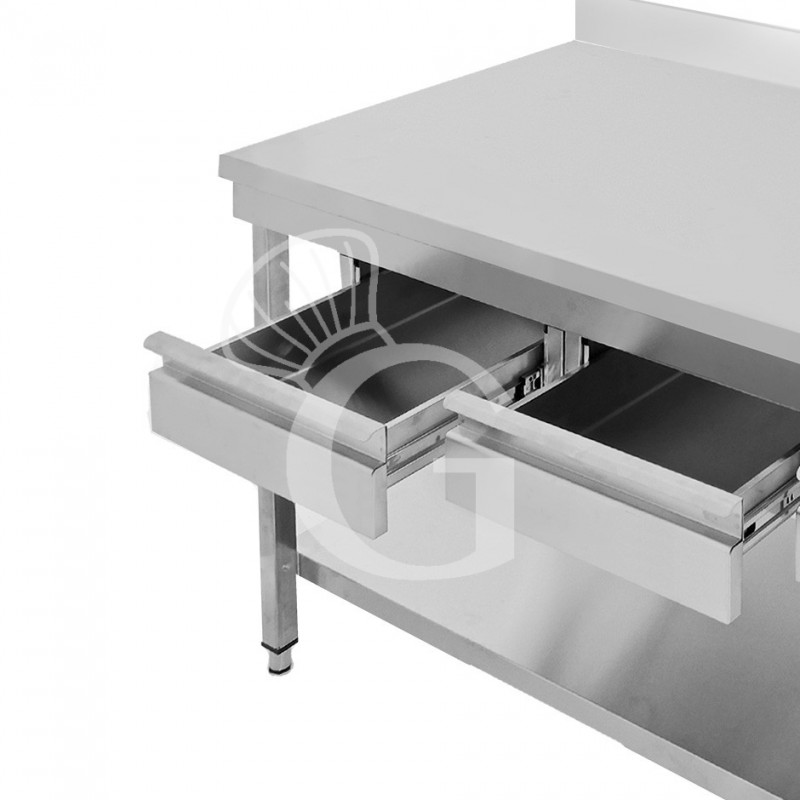 Tavolo inox ripiano alzatina 2 cassetti L 1200 mm x P 800 mm x H 965 mm