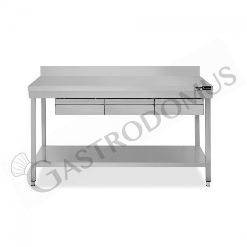 Tavolo inox ripiano alzatina 3 cassetti L 1500 mm x P 800 mm x H 965 mm Tavolo inox ripiano alzatina 3 cassetti L 1500 mm x P 800 mm x H 965 mm