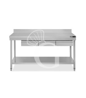 Tavolo inox ripiano alzatina 3 cassetti L 1600 mm x P 800 mm x H 965 mm