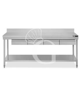 Tavolo inox ripiano alzatina 4 cassetti L 1800 mm x P 800 mm x H 965 mm