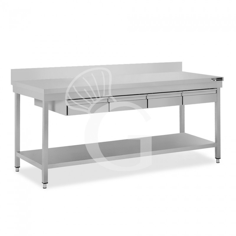 Tavolo inox ripiano alzatina 4 cassetti L 1800 mm x P 800 mm x H 965 mm
