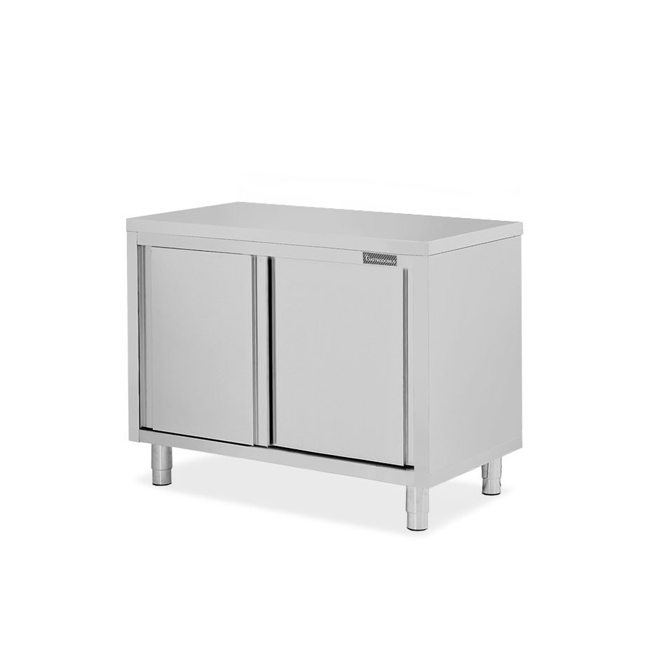 Tavolo armadiato passante in acciaio inox con porte scorrevoli, L 1000 mm x P 700 mm x H 850 mm