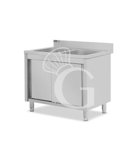 Lavello armadiato con porte scorrevoli, 2 vasche, alzatina, L 1100 mm x P 700 mm x H 965 mm - con foro rubinetto Ø 32 mm