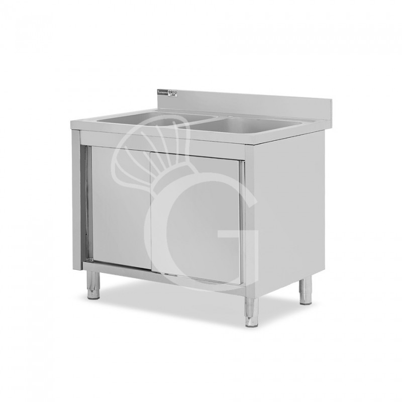 Lavello armadiato con porte scorrevoli, 2 vasche, alzatina, L 1100 mm x P 700 mm x H 965 mm - con foro rubinetto Ø 32 mm