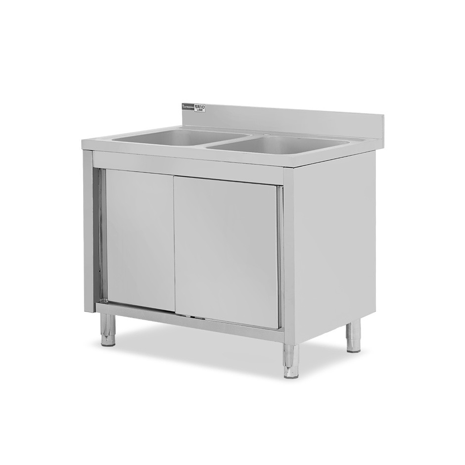 Lavello armadiato con porte scorrevoli, 2 vasche, alzatina, L 1100 mm x P 700 mm x H 965 mm - con foro rubinetto Ø 32 mm
