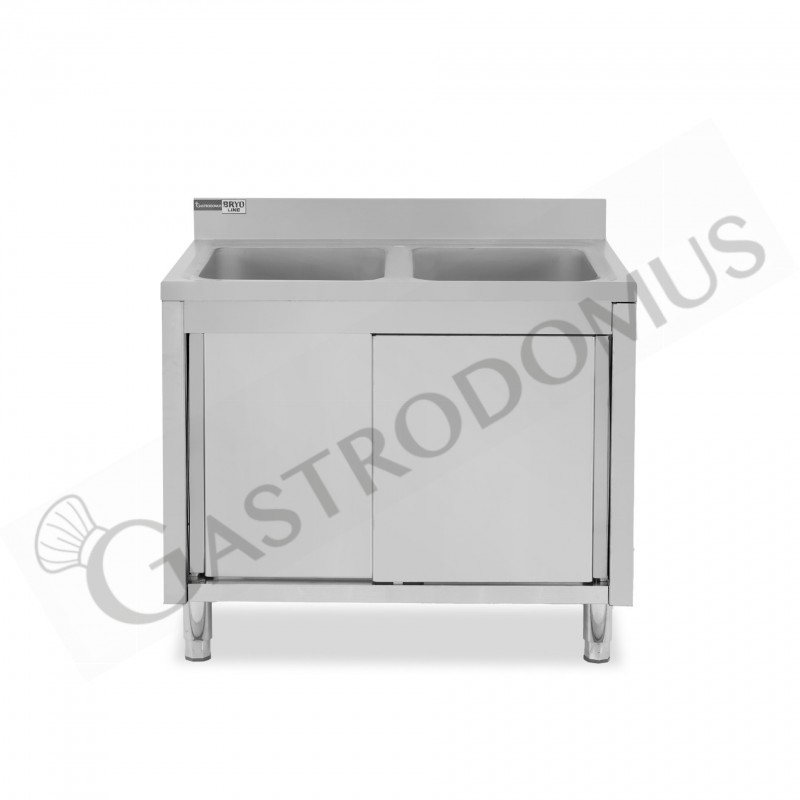 Lavello armadiato con porte scorrevoli, 2 vasche, alzatina, L 1100 mm x P 700 mm x H 965 mm - con foro rubinetto Ø 32 mm Lavello armadiato con porte scorrevoli, 2 vasche, alzatina, L 1100 mm x P 700 mm x H 965 mm - con foro rubinetto Ø 32 mm