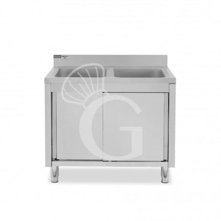 Lavello armadiato con porte scorrevoli, 2 vasche, alzatina, L 1100 mm x P 700 mm x H 965 mm - con foro rubinetto Ø 32 mm Lavello armadiato con porte scorrevoli, 2 vasche, alzatina, L 1100 mm x P 700 mm x H 965 mm - con foro rubinetto Ø 32 mm
