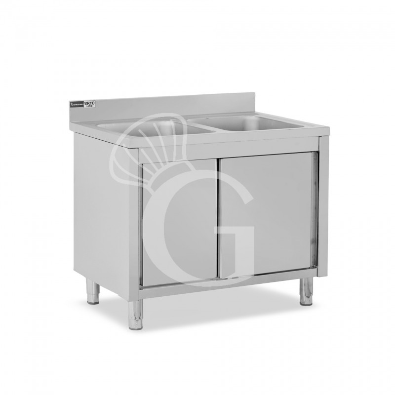 Lavello armadiato con porte scorrevoli, 2 vasche, alzatina, L 1100 mm x P 700 mm x H 965 mm - con foro rubinetto Ø 32 mm
