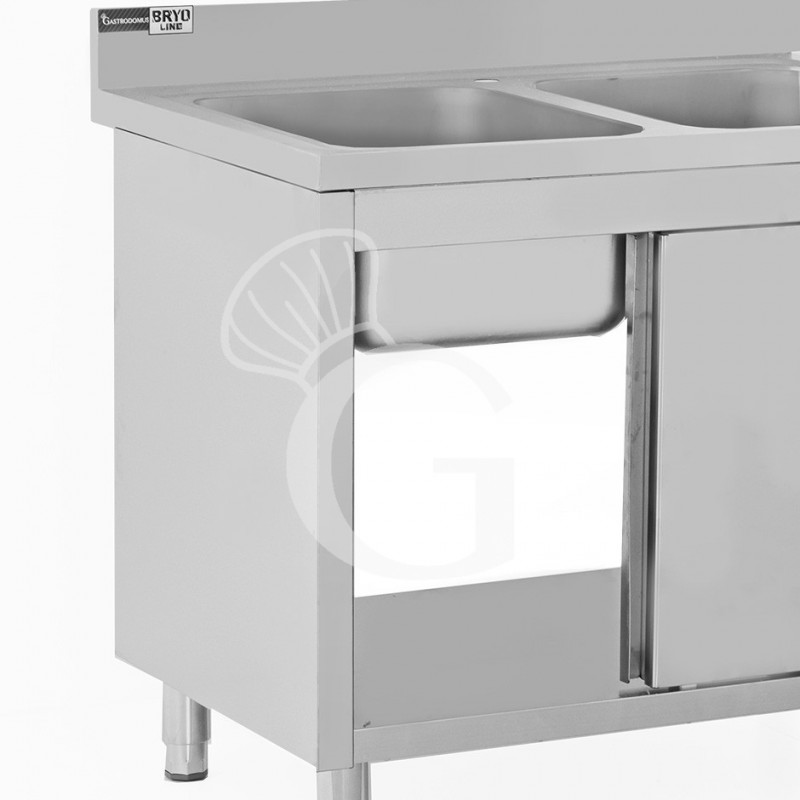 Lavello armadiato con porte scorrevoli, 2 vasche, alzatina, L 1100 mm x P 700 mm x H 965 mm - con foro rubinetto Ø 32 mm