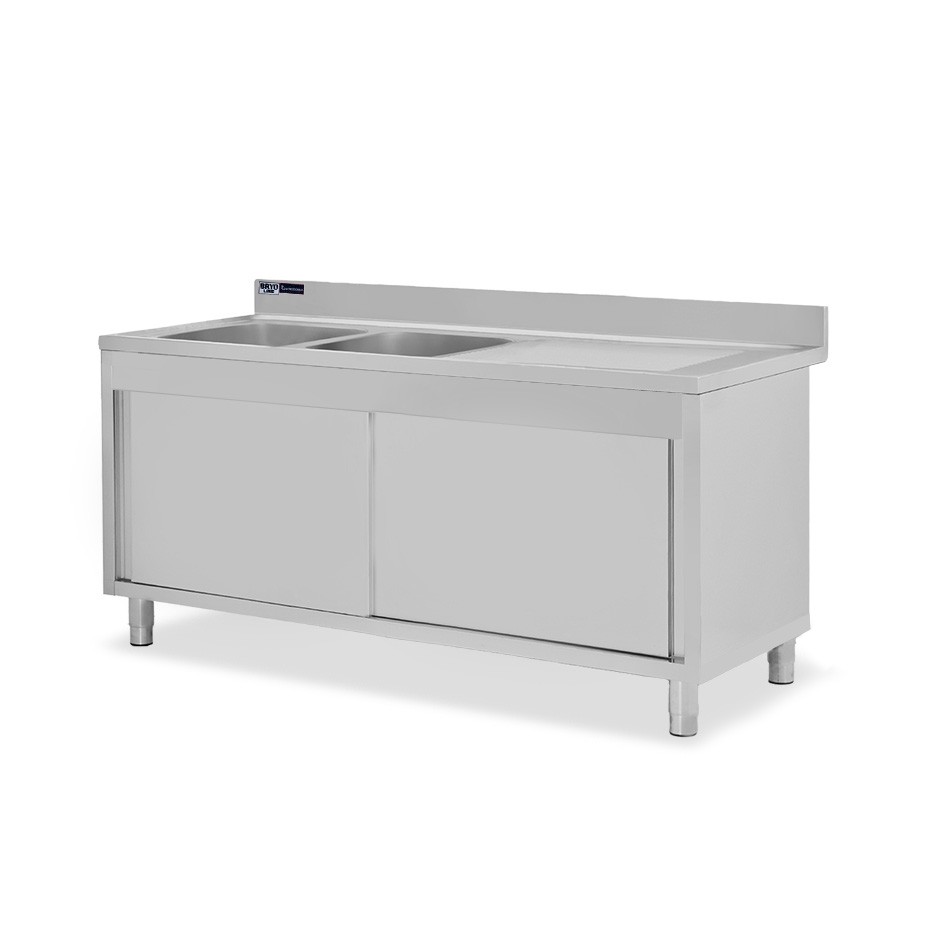 Lavello armadiato con porte scorrevoli,2 vasche,gocciolatoio a destra,L 1900 x P 700 x H 965 mm - con foro rubinetto Ø 32 mm