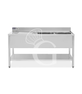 Lavello semplice con alzatina, 1 ripiano, 2 vasche, gocciolatoio a sinistra, L1700xP700xH965mm - con foro rubinetto Ø 32 mm
