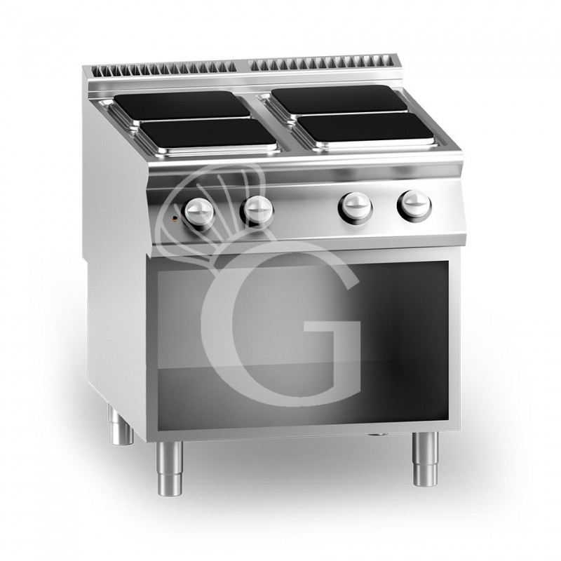 Cucina professionale elettrica 4 piastre quadrate su armadio aperto  profondità 900 mm - mod. PP90/80