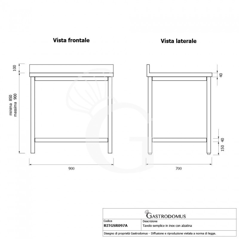 Tavolo inox con alzatina L 900 mm x P 700 mm x H 950 mm
