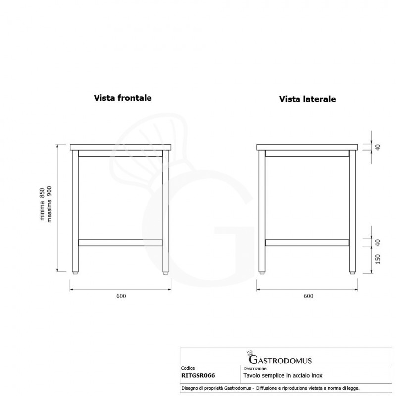 Tavolo inox L 600 mm x P 600 mm x H 850 mm