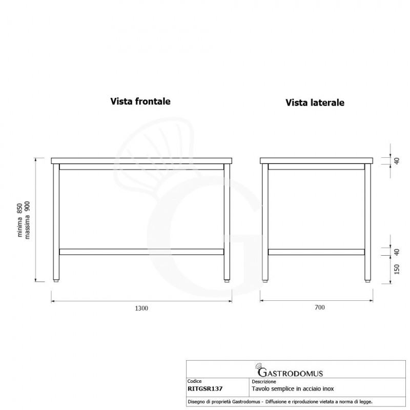 Tavolo inox L 1300 mm x P 700 mm x H 850 mm