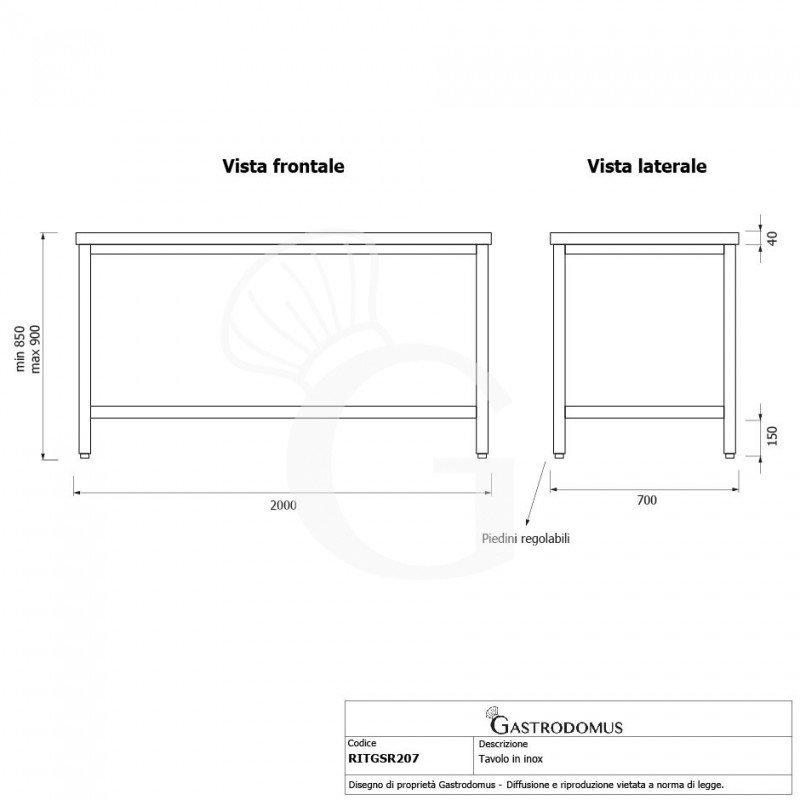 Tavolo inox L 2000 mm x P 700 mm x H 850 mm
