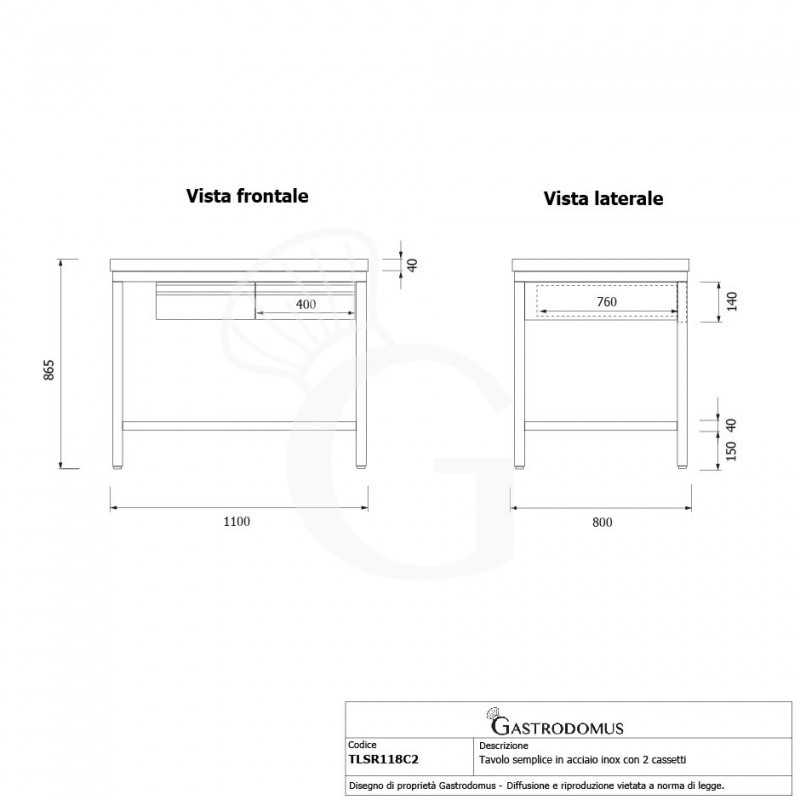 Tavolo inox 2 cassetti L 1100 mm x P 800 mm x H 865 mm
