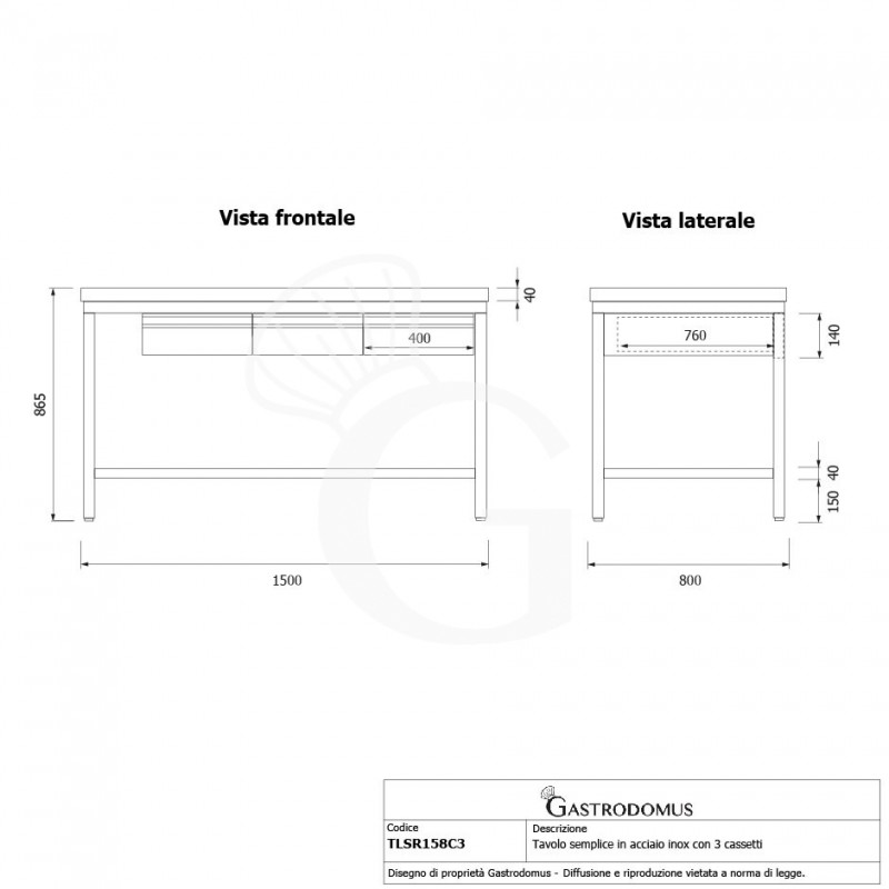 Tavolo inox 3 cassetti L 1500 mm x P 800 mm x H 865 mm