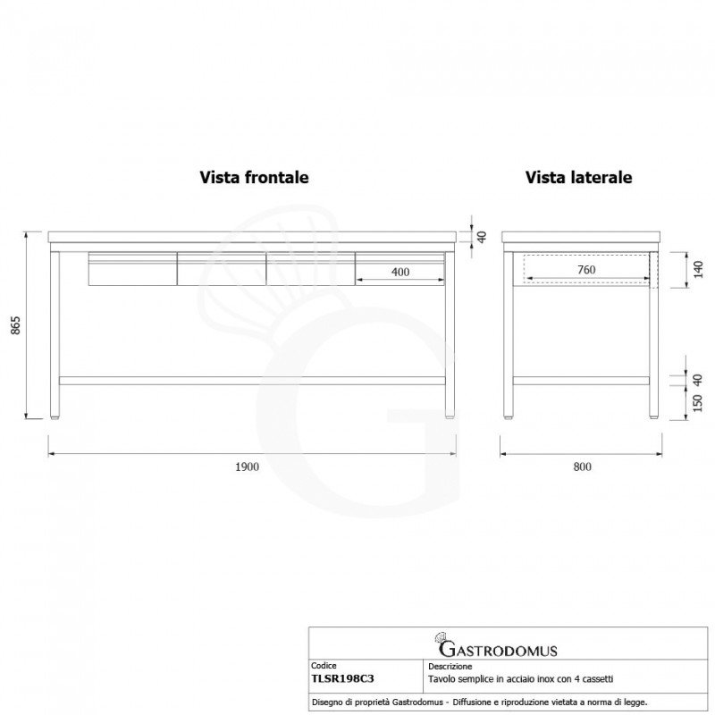 Tavolo inox 4 cassetti L 1900 mm x P 800 mm x H 865 mm
