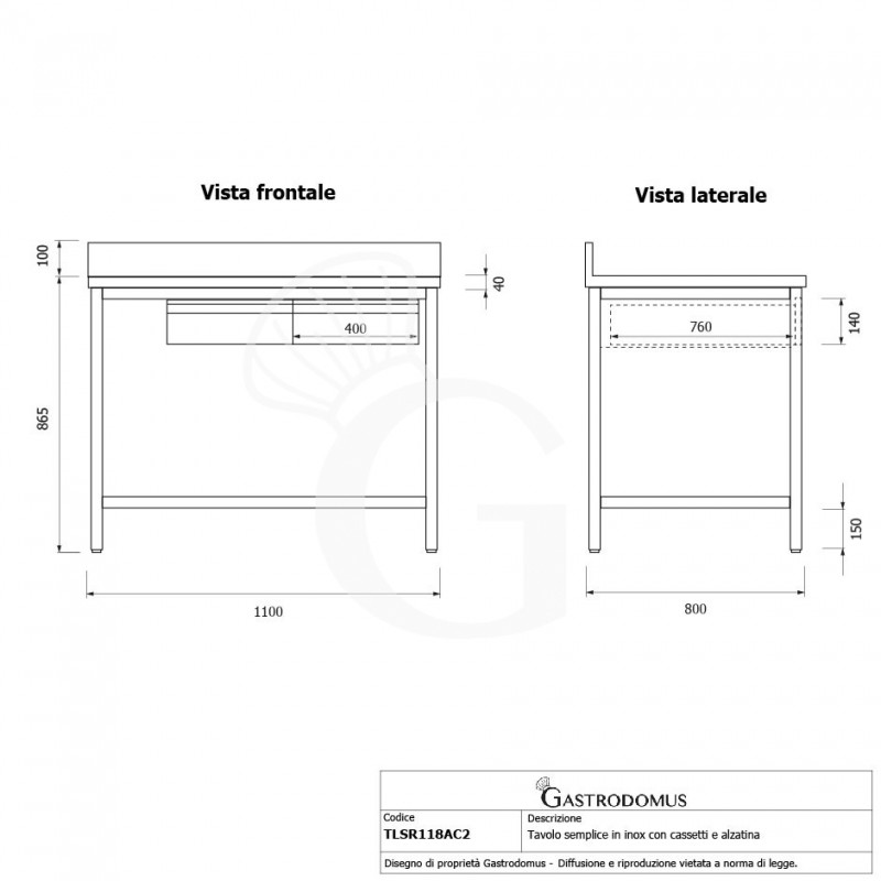 Tavolo inox 2 cassetti alzatina L 1100 mm x P 800 mm x H 965 mm