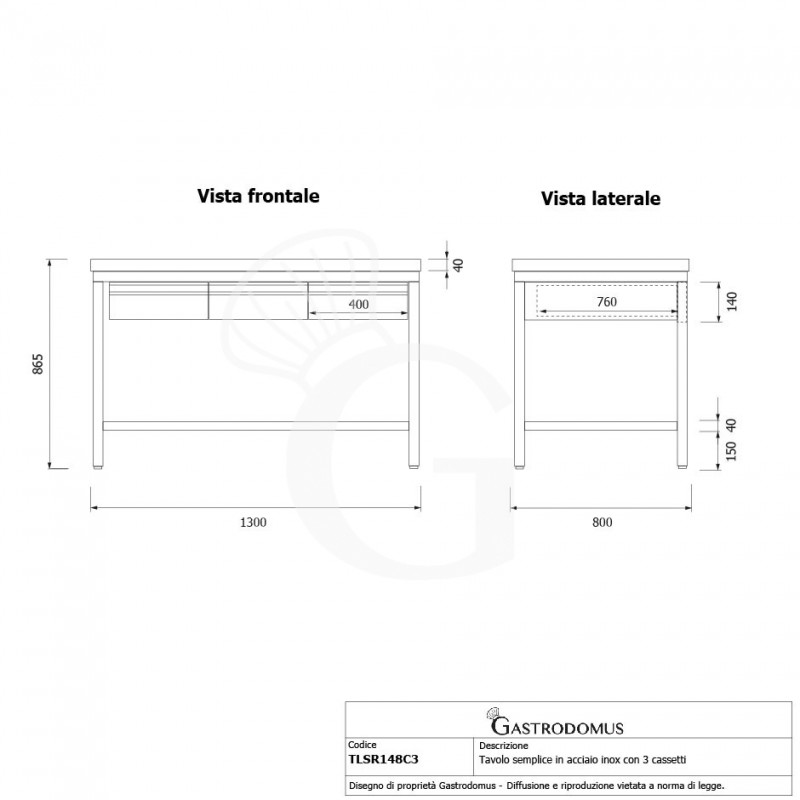 Tavolo inox 3 cassetti alzatina L 1400 mm x P 800 mm x H 965 mm