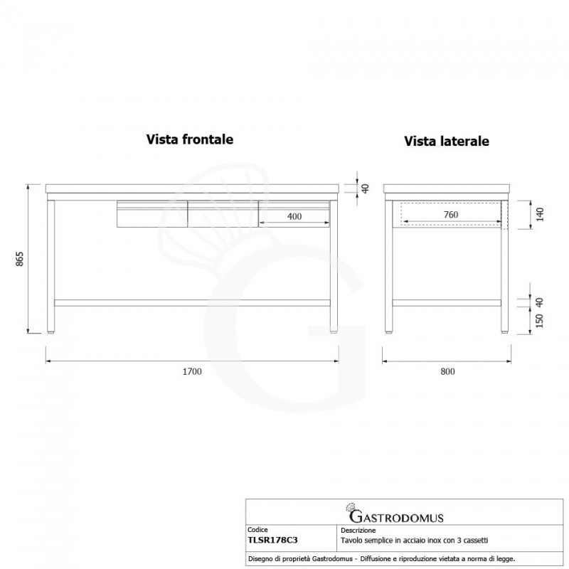 Tavolo inox 3 cassetti alzatina L 1600 mm x P 800 mm x H 965 mm