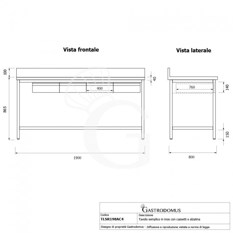 Tavolo inox 4 cassetti alzatina L 1900 mm x P 800 mm x H 965 mm