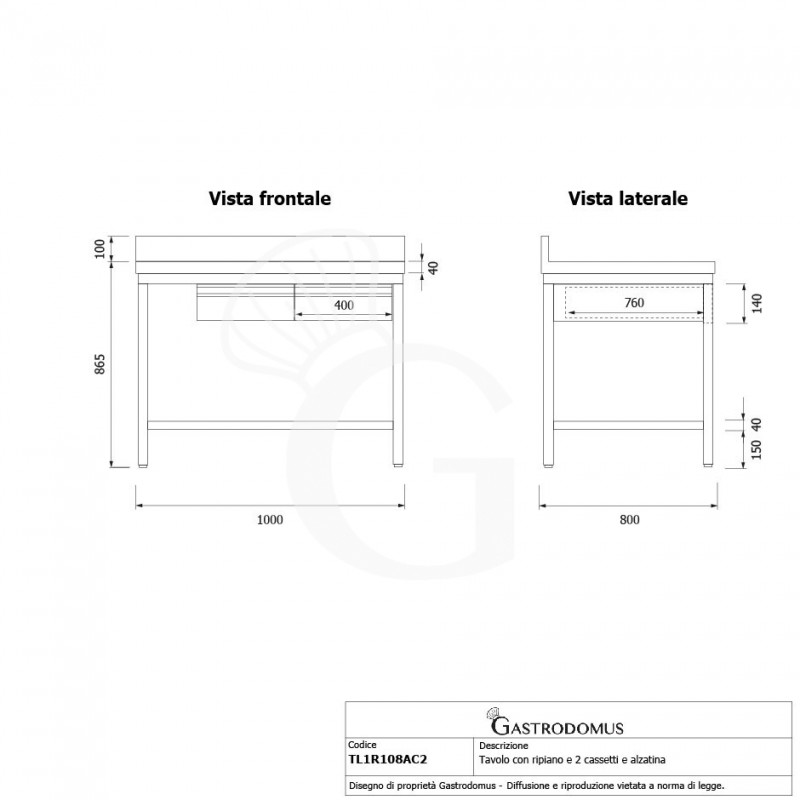 Tavolo inox ripiano alzatina 2 cassetti L 1000 mm x P 800 mm x H 965 mm
