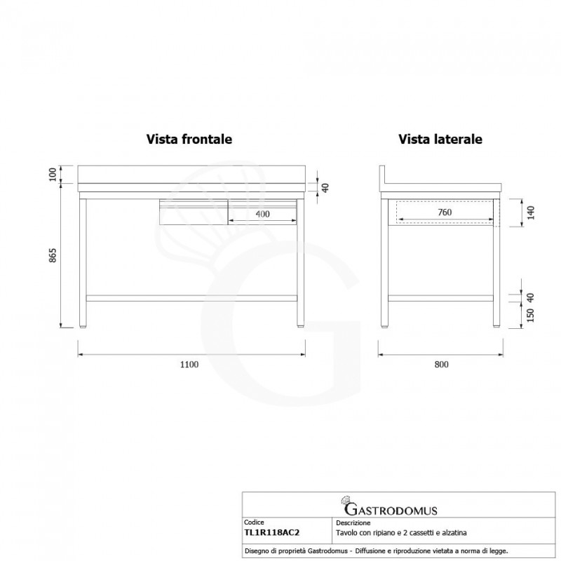 Tavolo inox ripiano alzatina 2 cassetti L 1100 mm x P 800 mm x H 965 mm