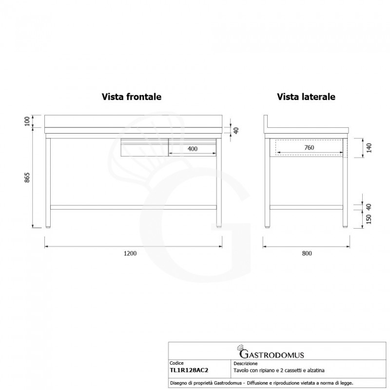 Tavolo inox ripiano alzatina 2 cassetti L 1200 mm x P 800 mm x H 965 mm