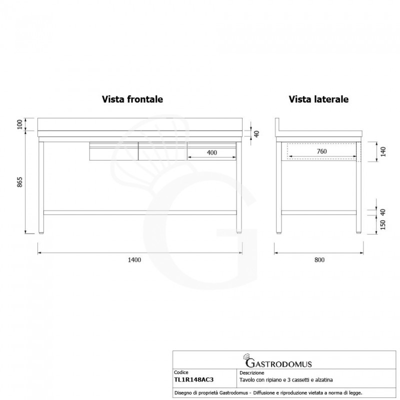 Tavolo inox ripiano alzatina 3 cassetti L 1400 mm x P 800 mm x H 965 mm