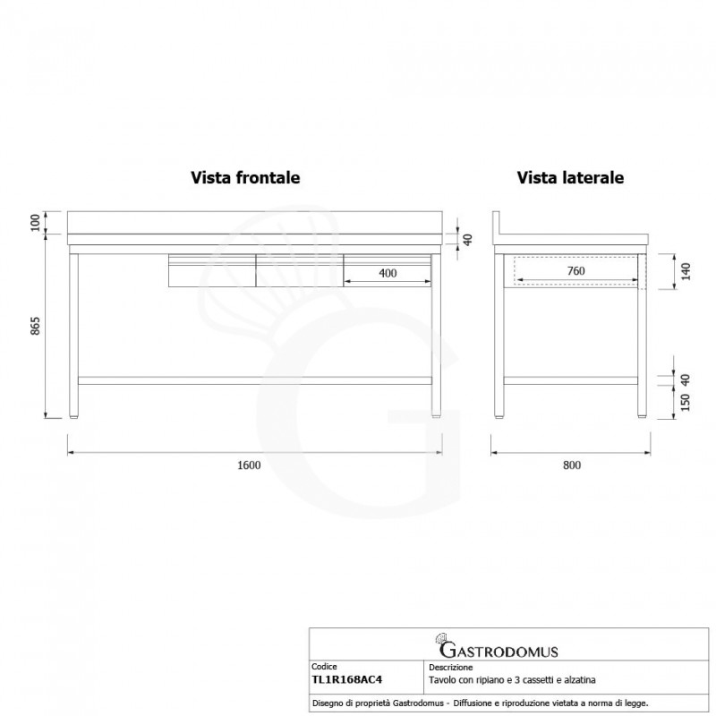 Tavolo inox ripiano alzatina 3 cassetti L 1600 mm x P 800 mm x H 965 mm