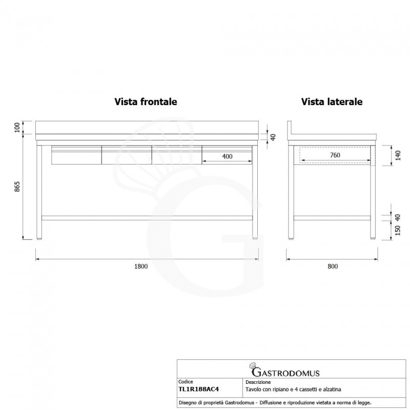 Tavolo inox ripiano alzatina 4 cassetti L 1800 mm x P 800 mm x H 965 mm