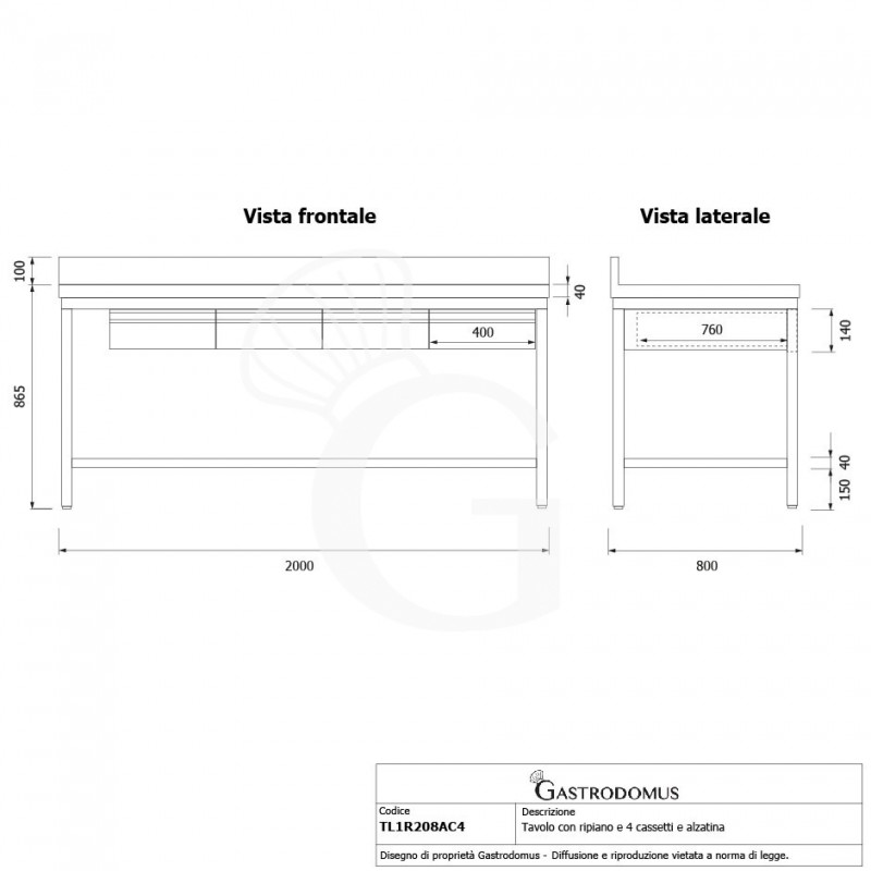 Tavolo inox ripiano alzatina 4 cassetti L 2000 mm x P 800 mm x H 965 mm