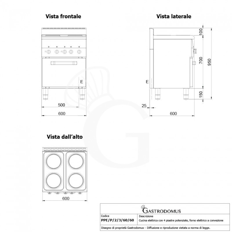 Cucina professionale elettrica 4 piastre potenziate forno elettrico a convezione GN2/3 profondità 600 mm