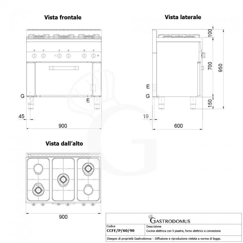 Cucina professionale a gas 5 fuochi forno elettrico a convezione griglie GN1/1 profondità 600 mm