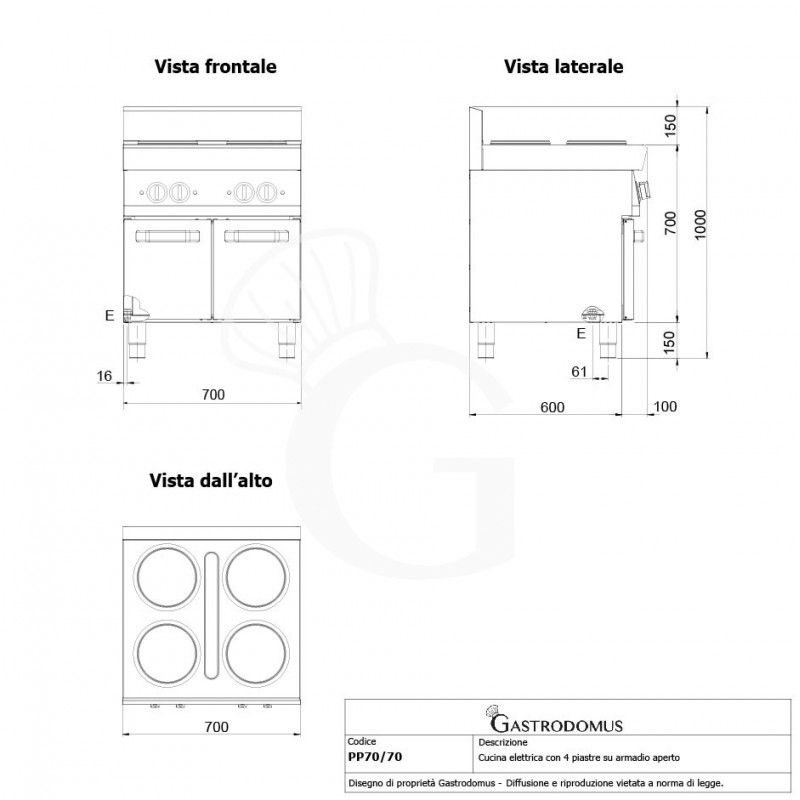 Cucina professionale elettrica 4 piastre su armadio aperto profondità 700 mm