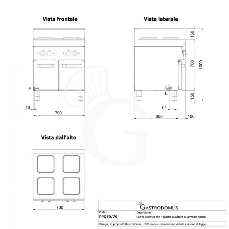 Cucina professionale elettrica 4 piastre quadrate su armadio aperto profondità 700 mm