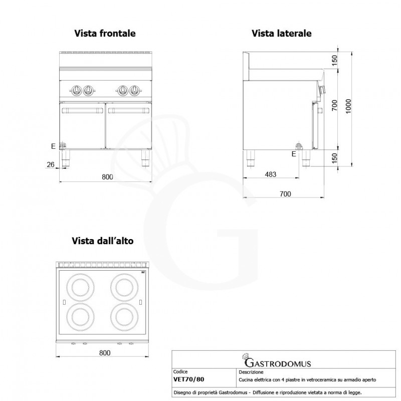 Cucina professionale elettrica 4 piastre in vetroceramica su armadio aperto profondità 700 mm