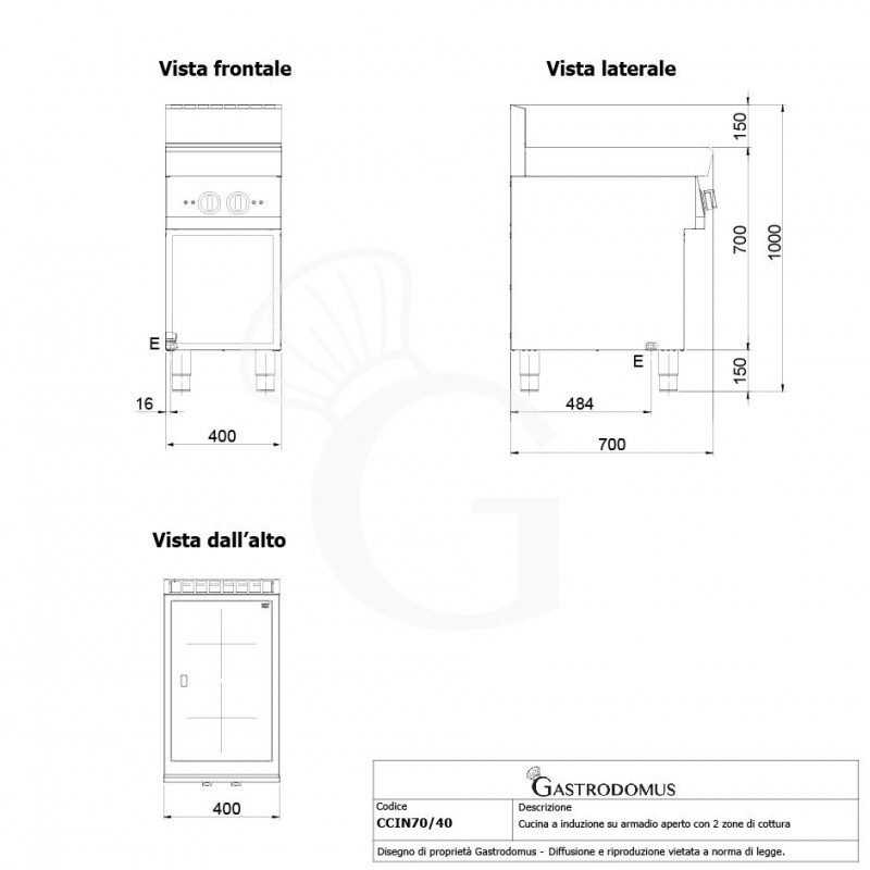 Cucina professionale a induzione su armadio aperto 2 zone di cottura profondità 700 mm