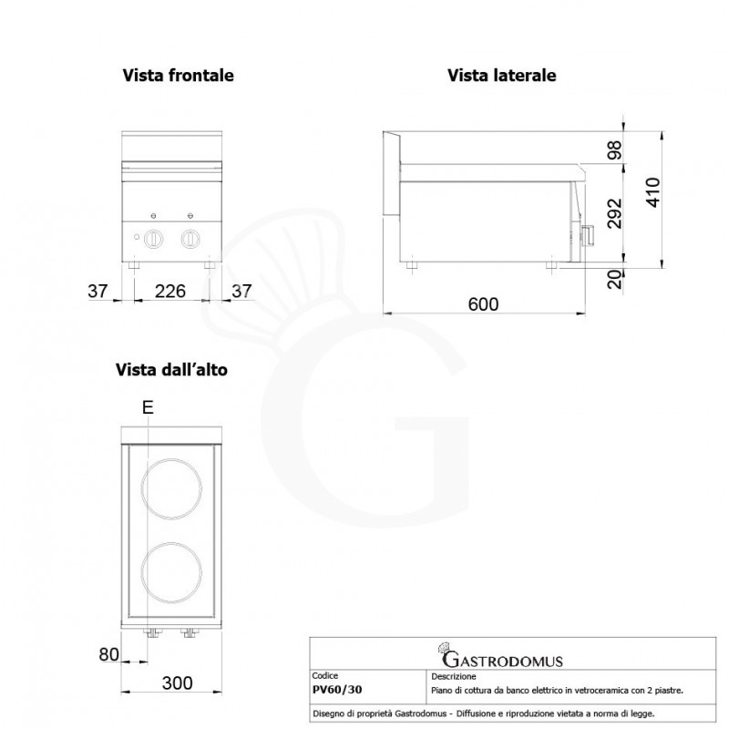 Piano Cottura Vetroceramica elettrico 2 piastre profondità 600 mm