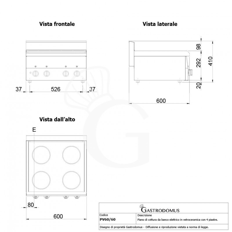 Piano Cottura Vetroceramica elettrico 4 piastre profondità 600 mm