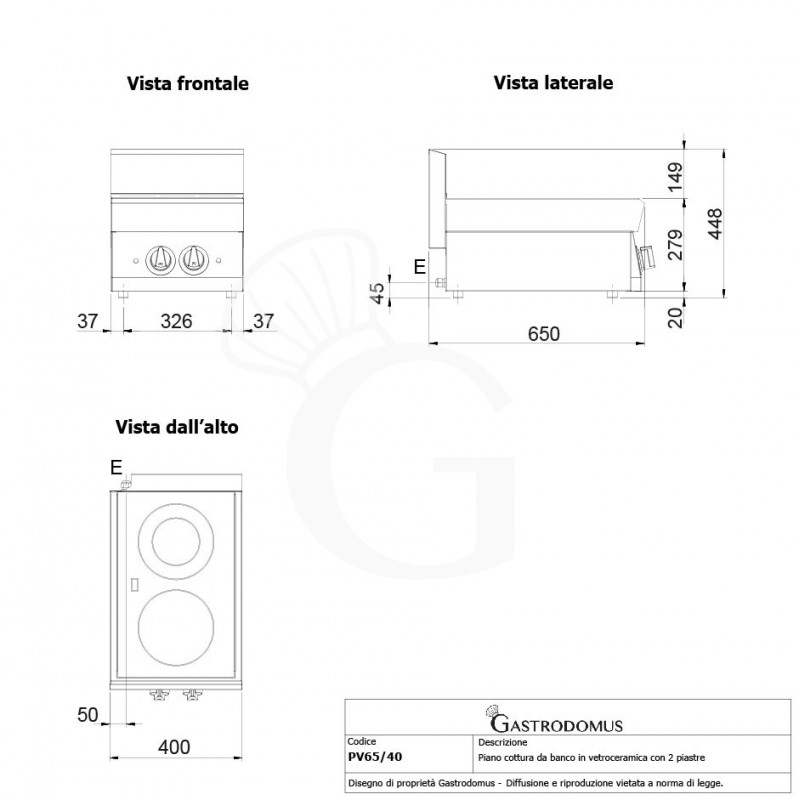 Piano Cottura Vetroceramica elettrico 2 piastre profondità 650 mm