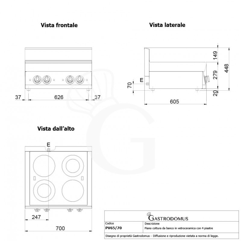 Piano Cottura Vetroceramica elettrico 4 piastre profondità 650 mm