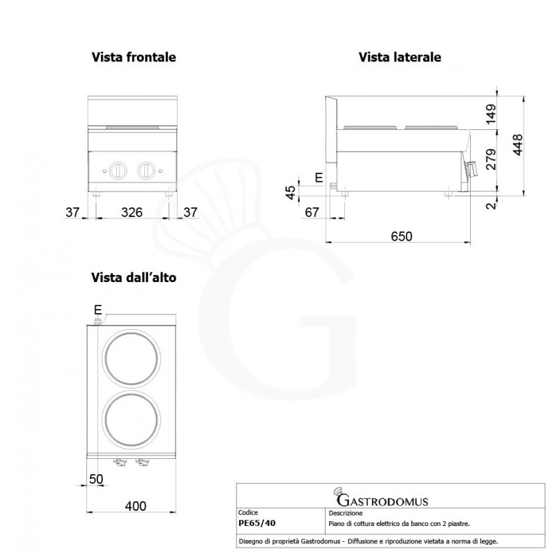 Piano Cottura elettrico 2 piastre profondità 650 mm