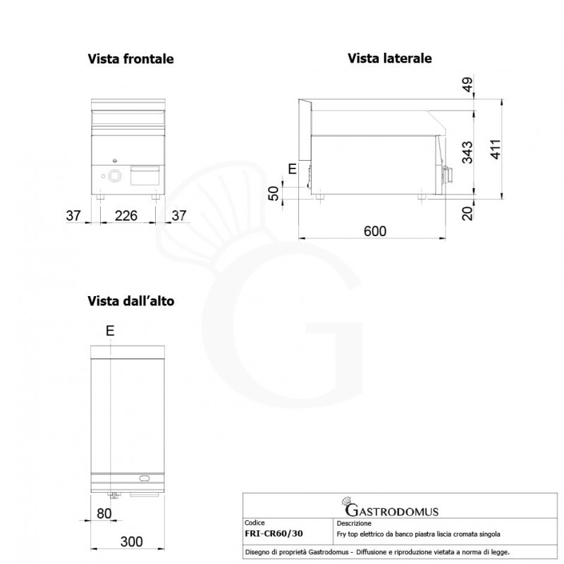Fry Top elettrico da banco piastra liscia cromata singola 3000 W Trifase P 600 mm