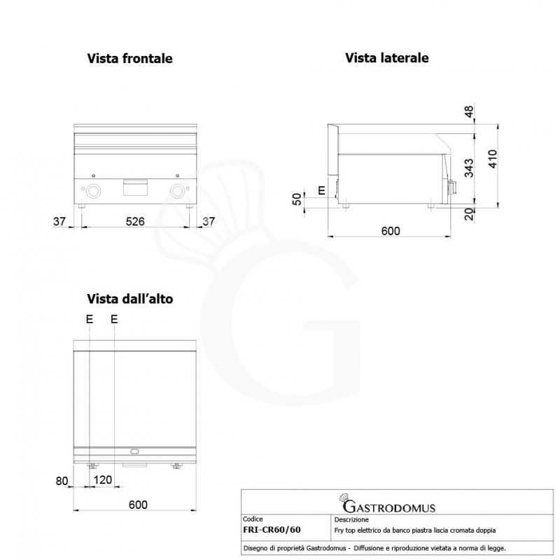 Fry Top elettrico da banco piastra liscia cromata 6000 W Trifase P 600 mm